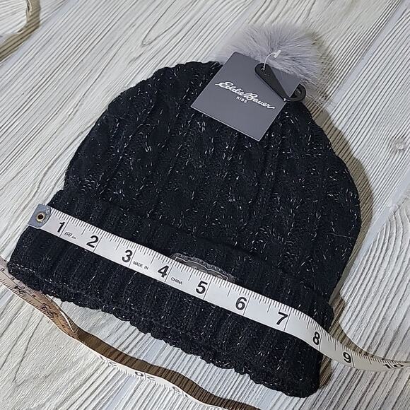 Eddie Bauer Kids Fleece Lined Cable Knit Hat, Black/Silver Threading, NWT - Picture 8 of 8